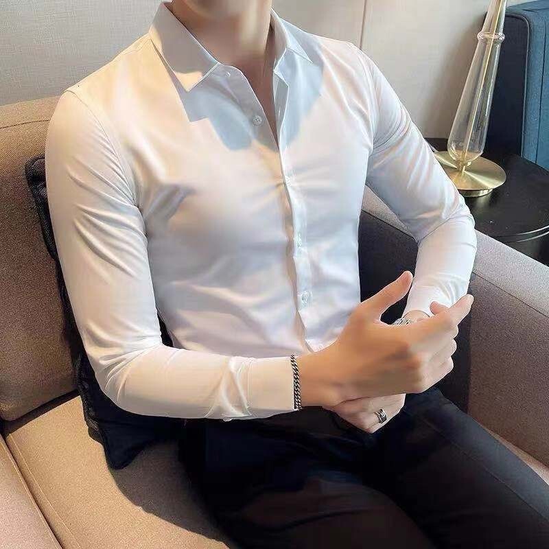 Elastic long sleeved shirt slim fit black shirt business casual professional formal dress work shirt mens