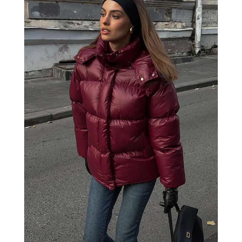 Fashion Bury Wine Red Full Sleeve Woman Cotton Coat Stand Collar Zipper Breasted Parka 2024 Lady Commute Street Outerwears