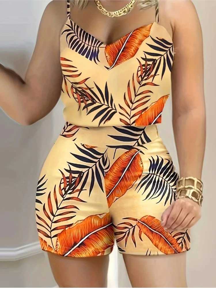 New Summer Womens Two Piece Sets Fashion Print Sveless Camis Tanks Top And High Waist Shorts Suit Casual Outfits FeXJ250106