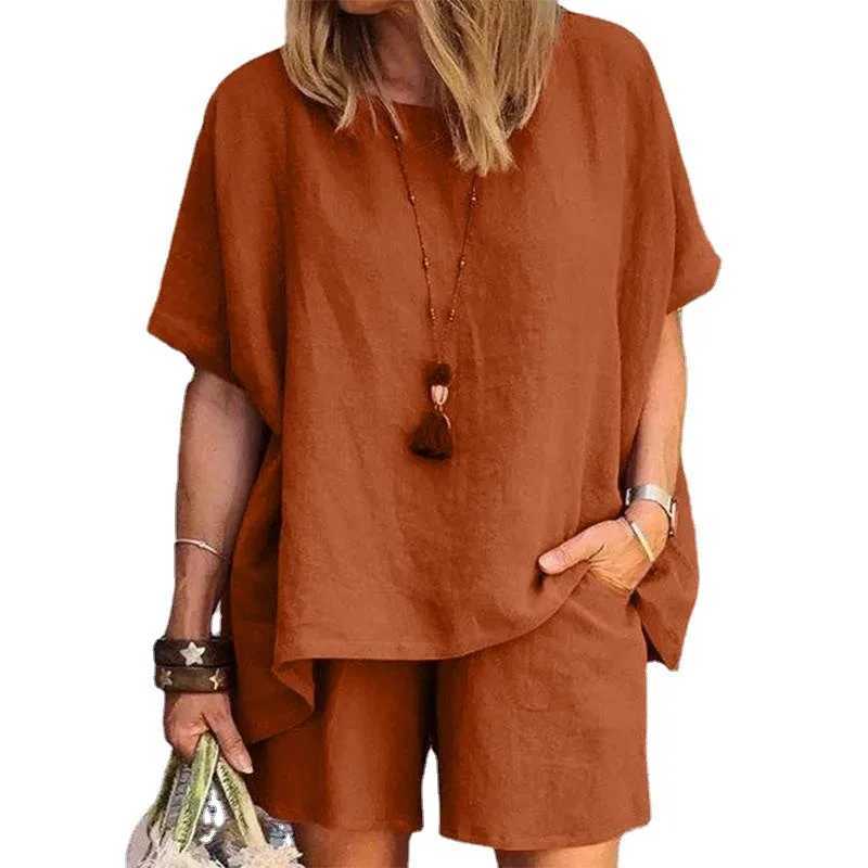 Summer New Cotton Linen Suit Plus Size Casual Sportswear Temperament Fashion Loose Short-sved Top Shorts Two-piece SetXJ250106