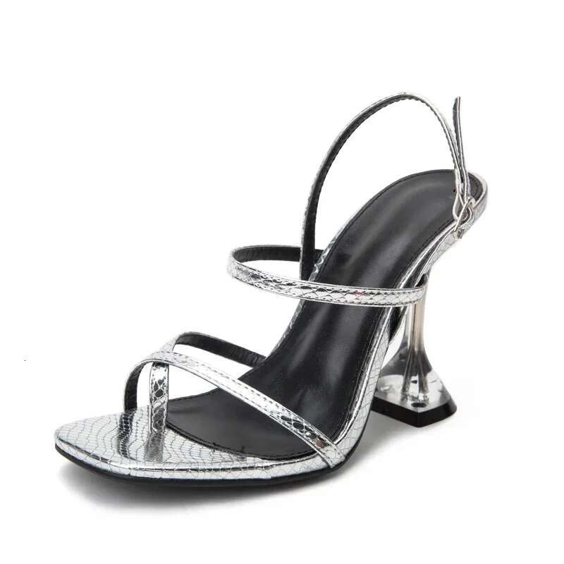 Eilykenfashion Sier Snake Grain Transparent Perspex High Heels Sandals Women Sexy Square Clip Toe Ankle Buckle Strap Shoes