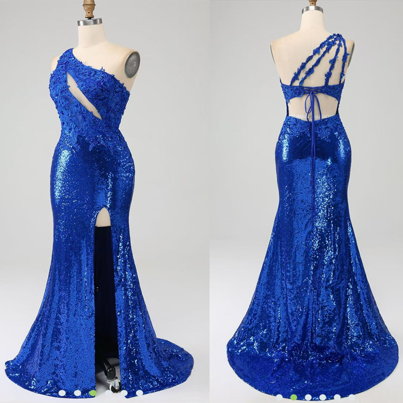 2025 Royal Blue Evening Dresses Prom Dresses for Black Women Promdress Mermaid Beaded Sequined Lace One Shoulder Side Split Birthday Dress Reception G