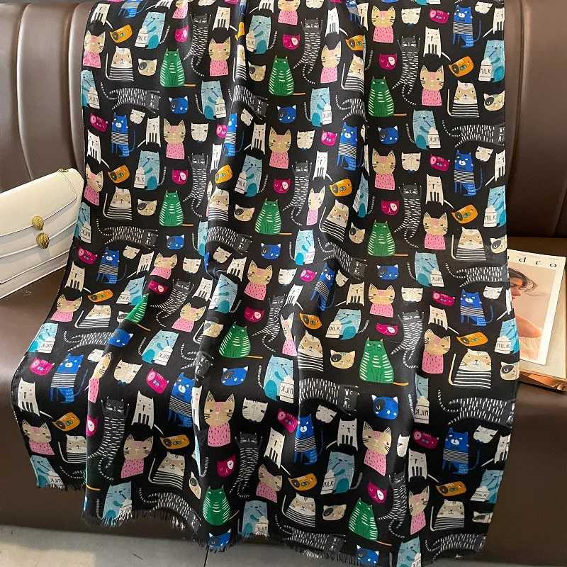 Cute animals cartoon cute cat pattern edge adhesive scarf for women and girls printing soft shawl and wrapping Pashmina Muslim headscarf Sjaal W250107