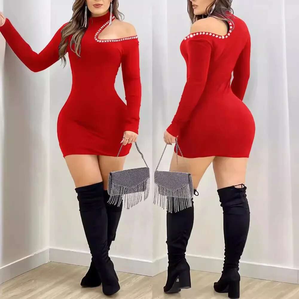 Women's Clothing Hollow Hot Drilg Midi Long Sleeve Solid Color Sexy Bodycon Fashion Summer Dress