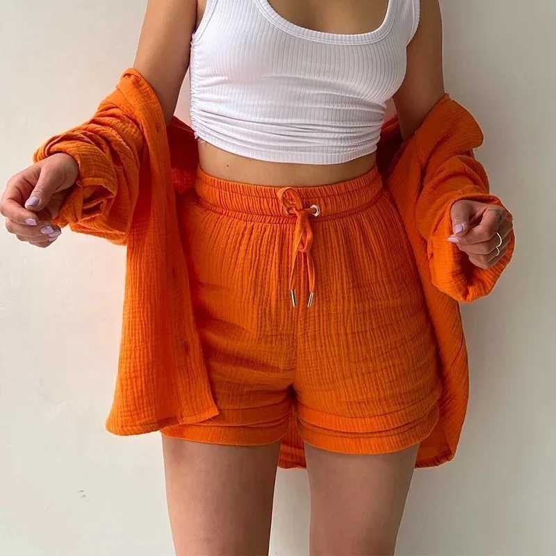 Summer Women Short Sets Outfits High Waisted Shorts Solid 2-pcs Set Casual Fe Clothing Solid Button Loose Suit StreetwearXJ250106
