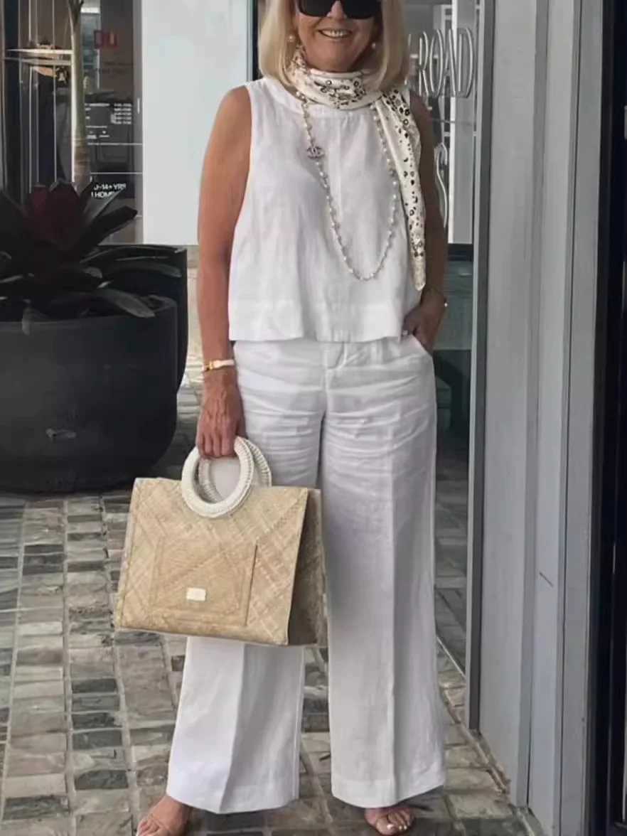 Simple Cotton Linen Womens Suits Summer Fashion Sveless Loose Blouse Wide Leg Pants Two Piece Sets For Women Casual OutfitsXJ250106