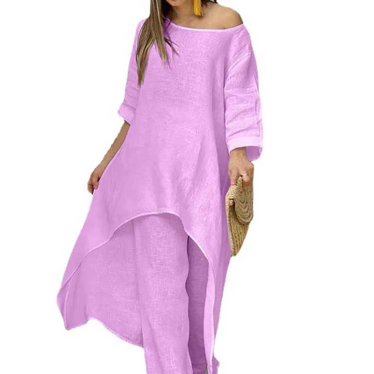 Womens Clothing Linen And Cotton Suit Long Sved Top Oversized Pants 2024 Informal Party Set Womens 2-piece SetXJ250106