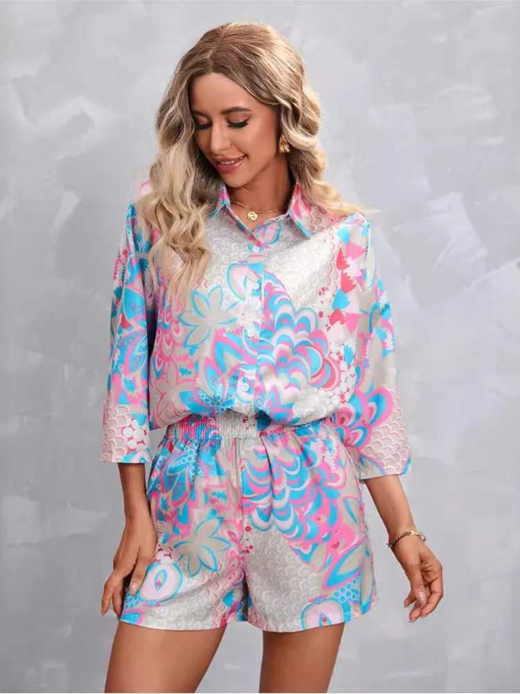 New Print Three-quarter Sve Short Casual Suit Spring Summer Fashion Ele Casual Button Shirt 2 Piece Set Womens ClothingXJ250106
