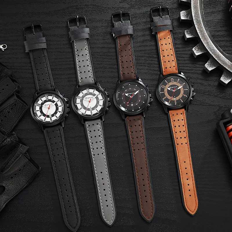 YIKAZE Retro Mens Watches Calendar Military Men Quartz Wristwatch Large Dial PU Leather Strap Bracelet Watch for male StudentX250107