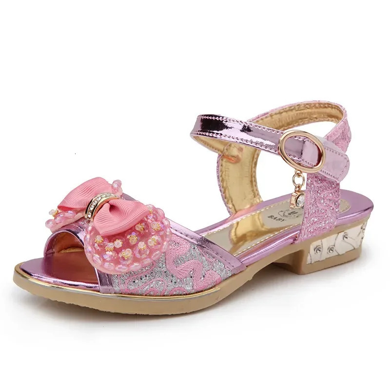 Girls Princess Shoes Summer Children High Heels Open-toe Party Wedding Toddlers Sandals Non-slip Kids Causal Sequins Beach Shoes 250106