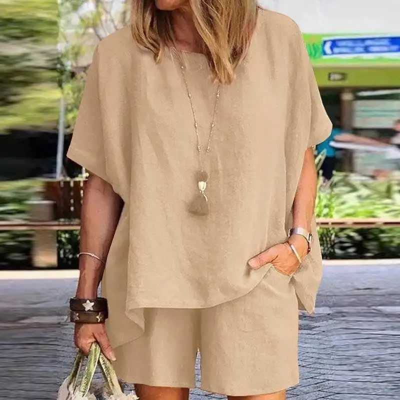 Womens Casual Short Sved Top+wide Leg Shorts 2-piece Set 2024 Summer Set Cotton Linen Shirt Shorts Pants Sets CombinaisonsXJ250106