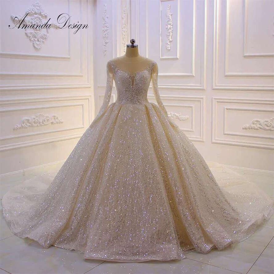 Amanda Design Customized Long Sleeve Sparkg Shiny Ball Gown Wedding Dress