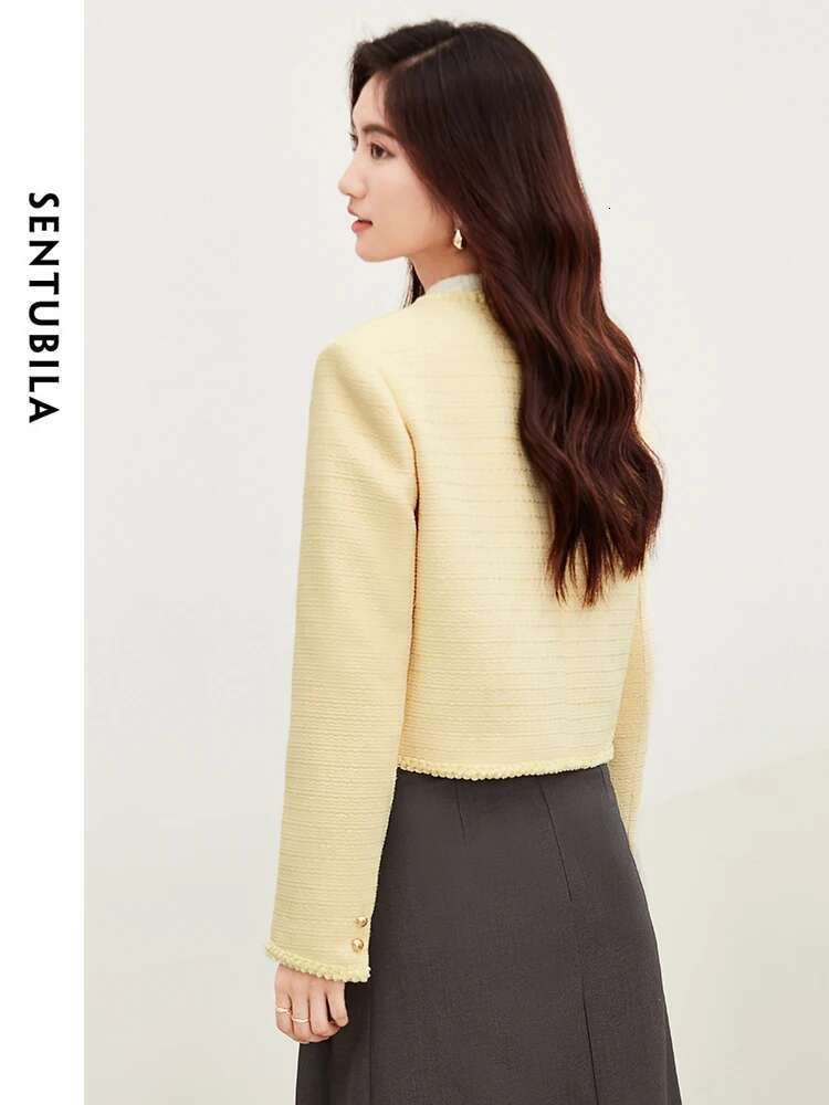 SENTUBILA Light Yellow Elegant Cropped Tweed Jacket 2024 Spring O-Neck Single Breasted Short Coat Female Outerwear 141W52222