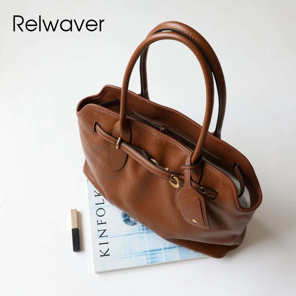 Relwaver Genuine Tote Tree Cream Cow Leather Handbag 2024 Winter Brown Black Big Capacity Commuting Women Bag