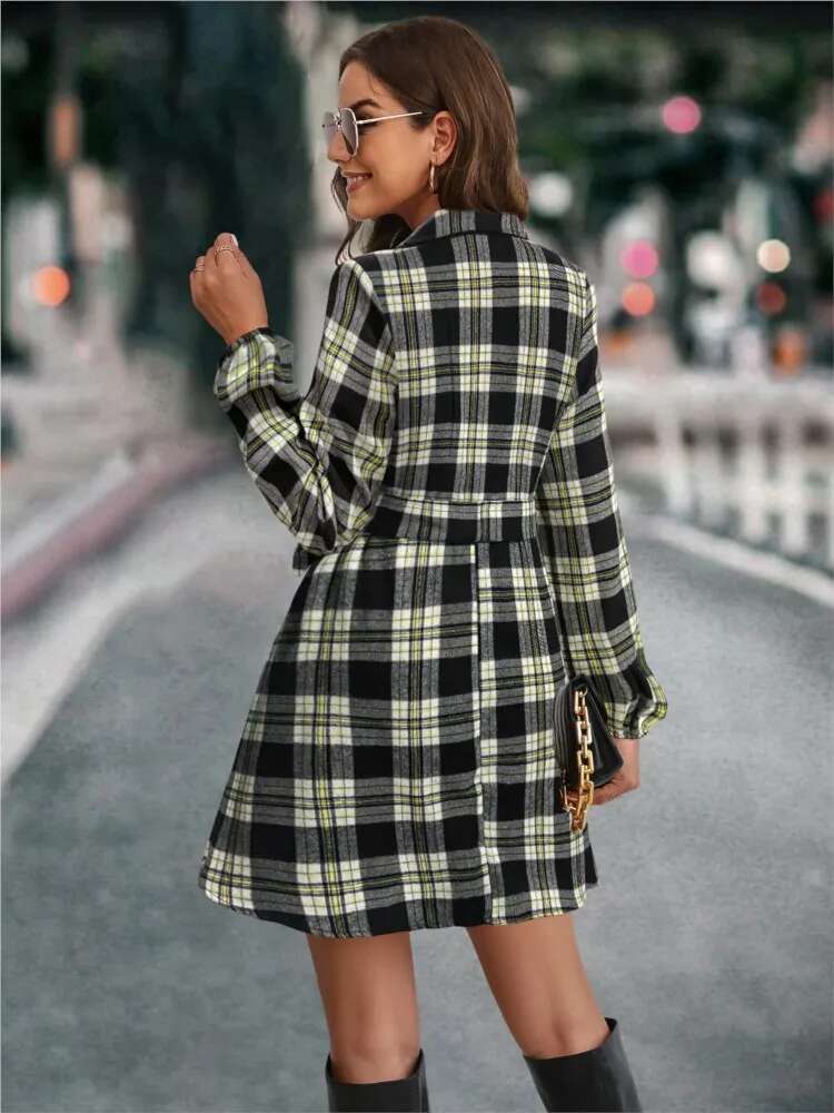 Autumn Winter Women's New Fashionable Lantern Sleeve Strap Waist Pattern Printed Single Breasted Shirt Casual Dress
