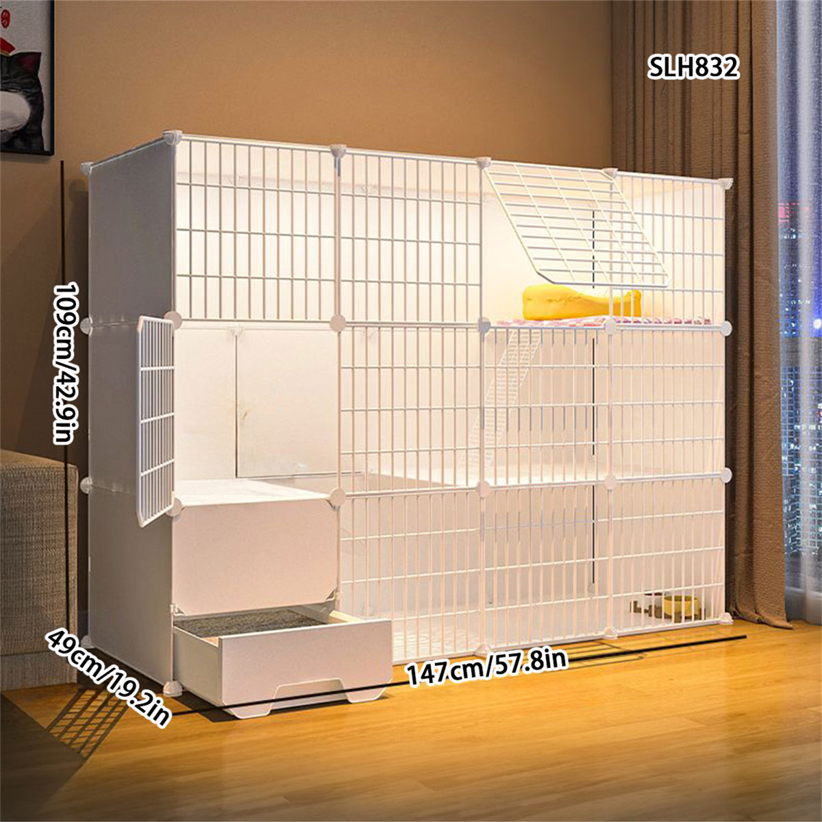 Indoor Multi-Level Cat Enclosure with Built-In Litter Pan - Large Size