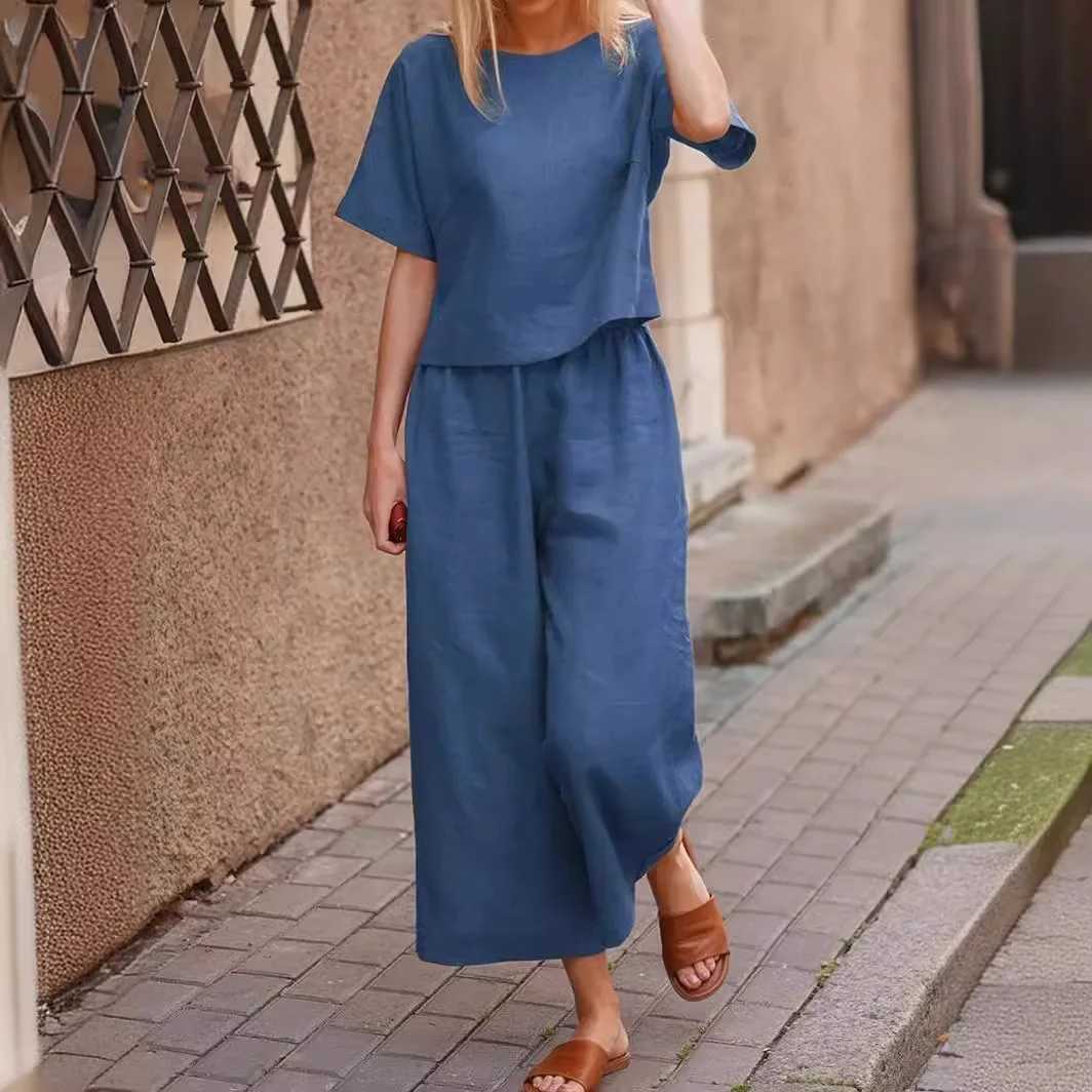 Womens Short Sve Shirt Top Wide Leg Pants Two Piece Set 2024 Fashion Summer Product Casual Hoodie Loose Solid Color LadiesXJ250106