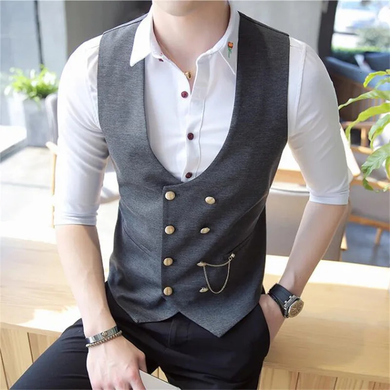 Mens Double Breasted Vest Spring Slim Sleeveless Formal Suit Gray Black Fashion Business Casual 250107