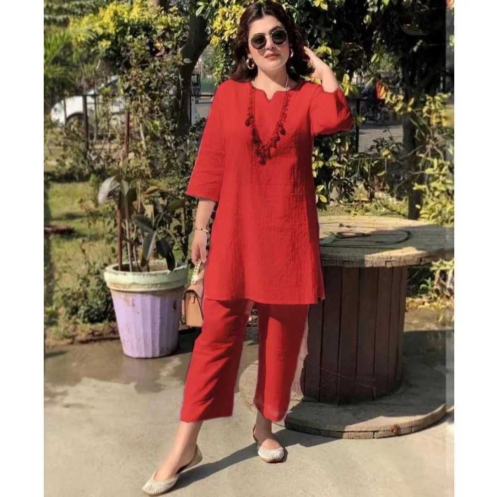 Casual Ele Womens Cotton Linen Set V-Neck Loose Side With Slit Top Wide Leg Pant Pocket Home Wear Ethnic Office Ladys SuitXJ250106