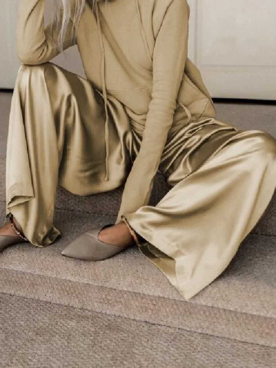 Onecozyday High Waist Wide Leg Pants and Long Sves Hooded Sweatshirt 2024 Autumn New Loose Fit Two-piece Sets for WomenXJ250106