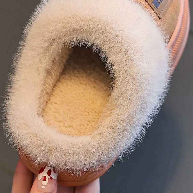 Solid Furry Children Slippers Winter PU Warm Plush Indoor Slippers For Kids Soft Bottom Boys Girls Floor Shoes 250106