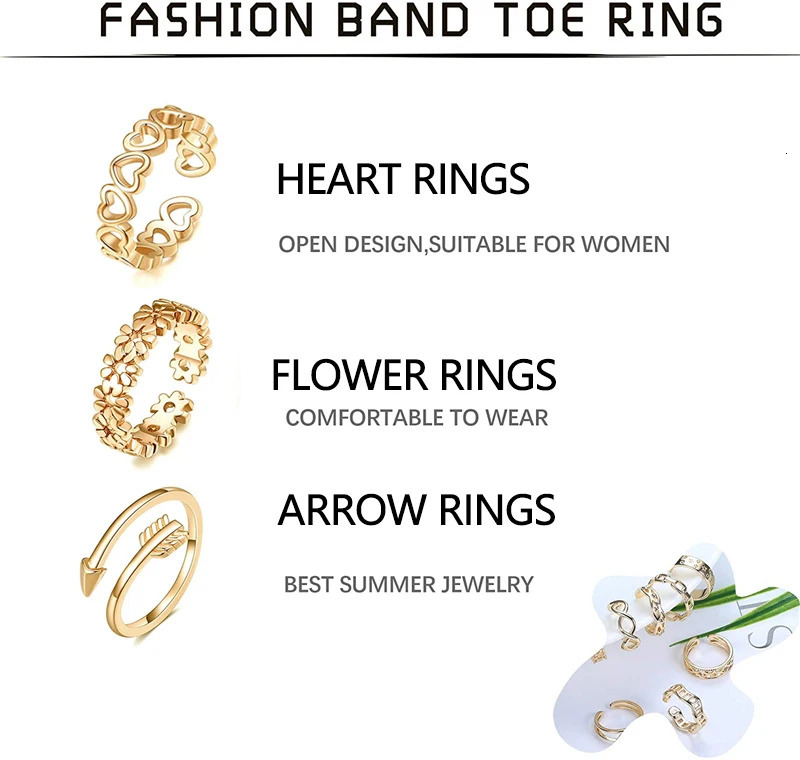 12PCS Beach Foot Jewelry Adjustable Toe Rings for Women Flower Band Open Tail Ring Women Set Gold Color 250107