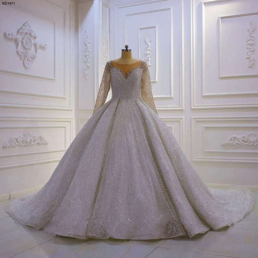 Stunning Full Pearls Long Sleeve Low Back Ball Gown Bridal Wedding Dress