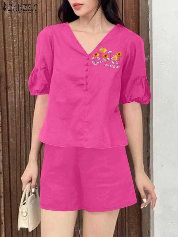 ZANZEA Fashion Short Sve Embroidery Blouse Pants Sets Summer Short Sets 2PCS Women Casual Two Piece Sets Outfits TracksuitsXJ250106