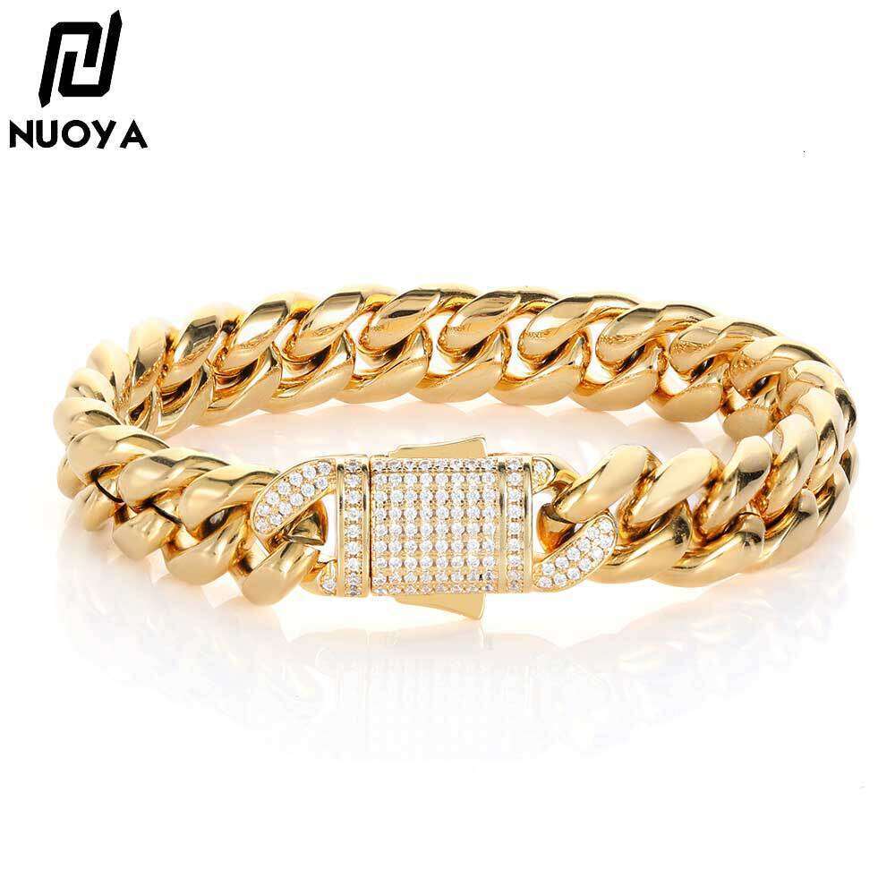 stainless jewelry zircon spring buckle cuban chain titanium steel bracelet hiphop personalized mens bracelet