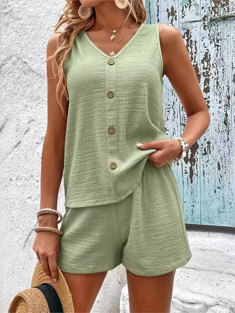 Womens Casual Vest Shorts Suit 2 Pieces Sets Summer New V Neck Buttons Vest High Waist Wide Leg Shorts Sets For Women ClothingXJ250106