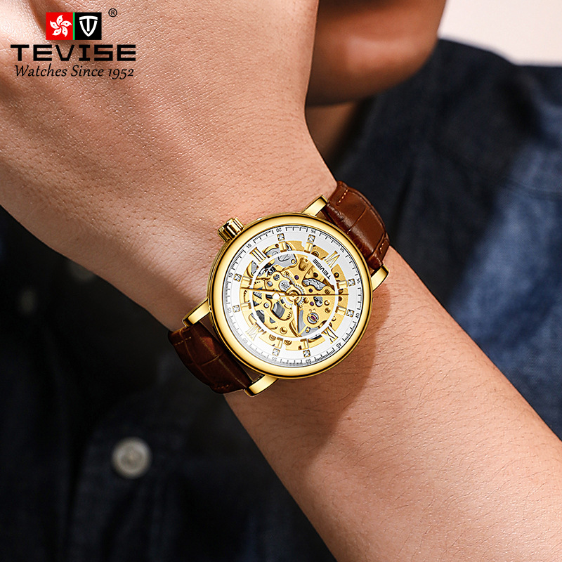 TEVISE Diamond Inlaid Trendy Simple Automatic Mechanical Watch Fashion Hollow out Wrist Watch T033 T8462B