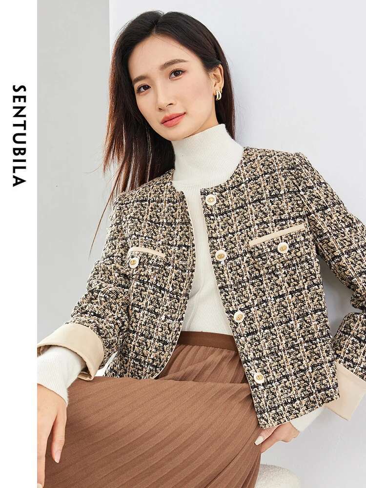 SENTUBILA Contrast Cuff Crop Tweed Jackets For Women 2024 Spring Autumn Elegant Long Sleeve Straight Outerwear Coat 141W52802
