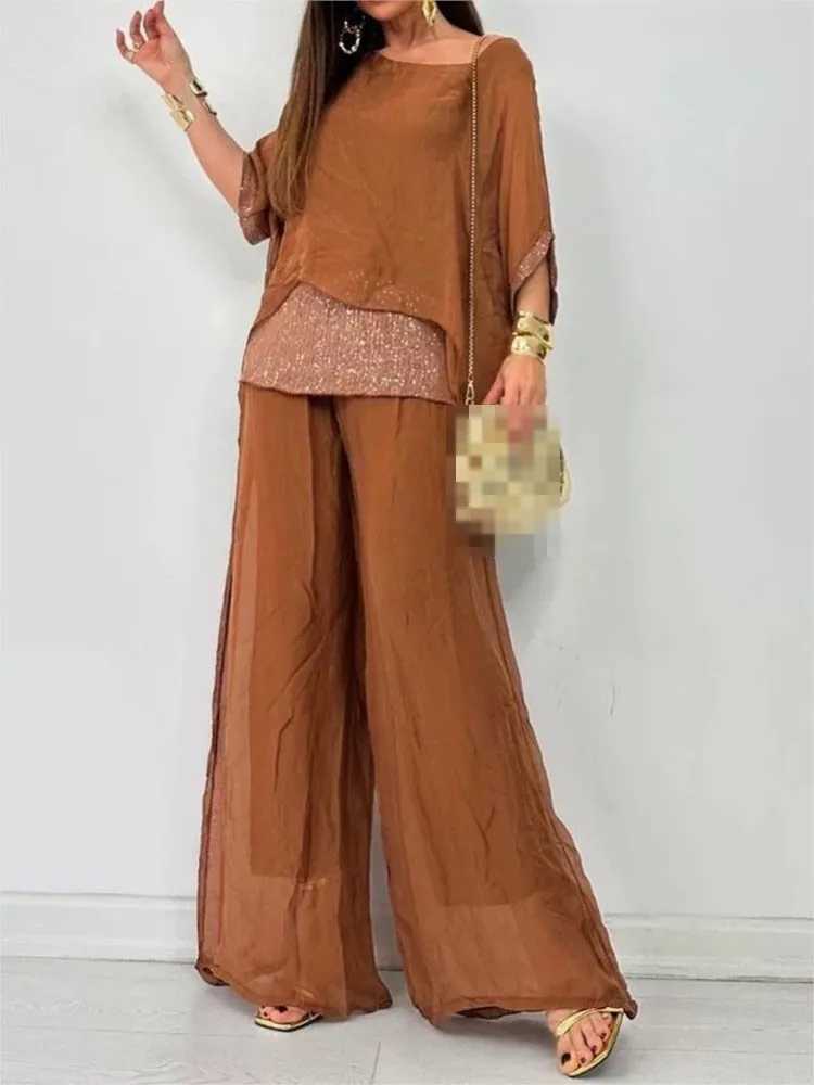 Womens 2024 Summer New Chiffon Round Neck Short Sve Fashion Beaded Splicing Pants Casual Comfortable Loose SetXJ250106