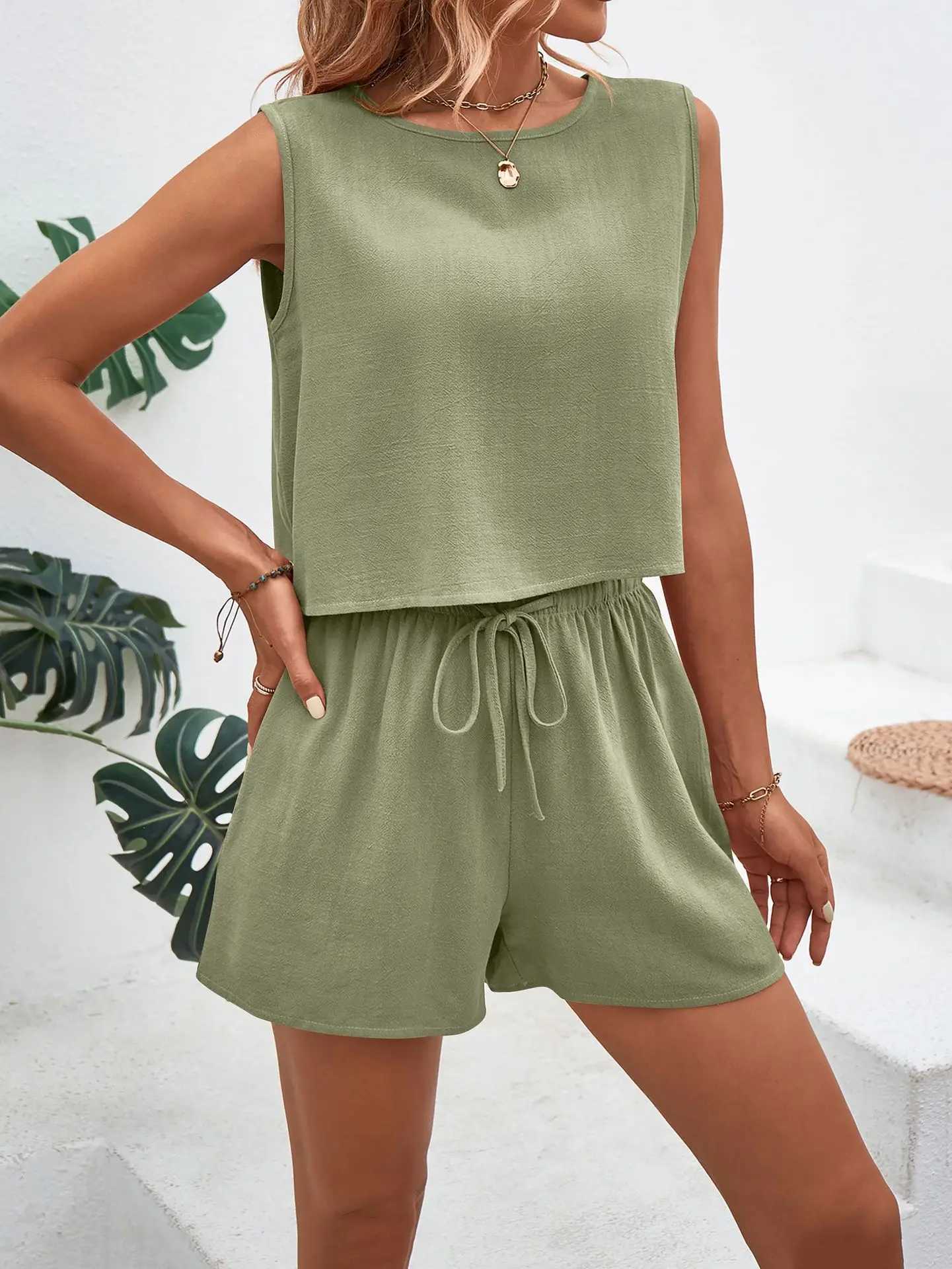 2025 Summer fashion set temperament sveless top shorts pants two-piece womens wearXJ250106