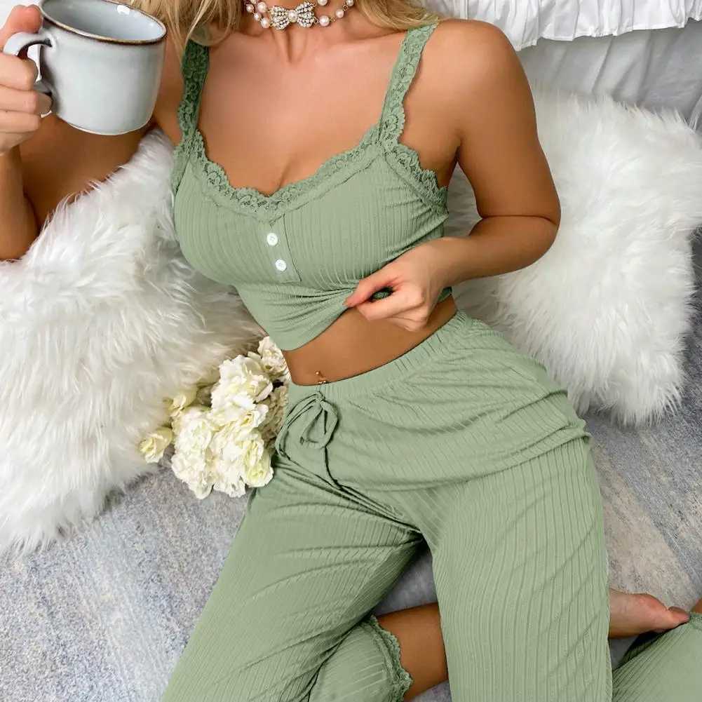 2 Pcs/Set Pants Top Suit Solid Color Low-cut V Neck Sveless Shirring Drstring Pajama Set Elastic Waist Lace Top Trouser SetXJ250106