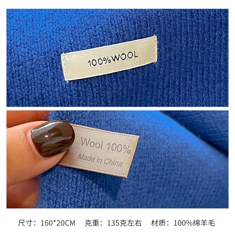 Knitted Scarf Women 100% Wool Winter Warm Scarves Bright Solid Color Thickened Shawl Soft Cashmere Pashmina Neck 250106