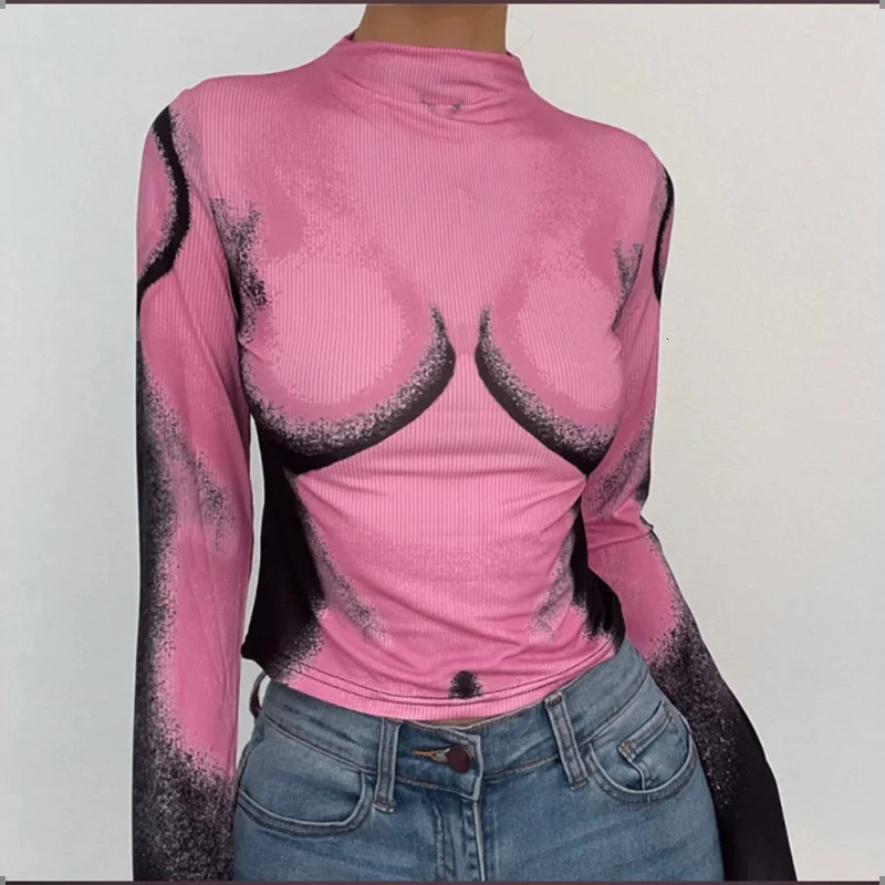 Body portrait Printed Slim Fit Top Female Sexy Long Sleeved Round Neck Pink T-shirt Womens Fashion Street Trend Autumn Top 250106