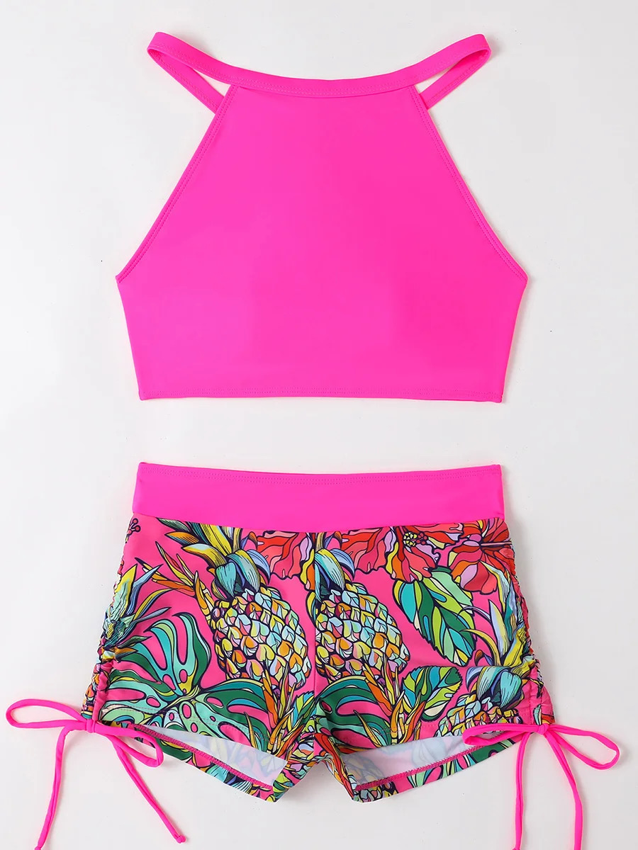 Print High Waist Swimsuit Women High Neck Bikini Drawstring Swimwear Female Bathers Bathing Swimming Swim Suit Beachwear 250106