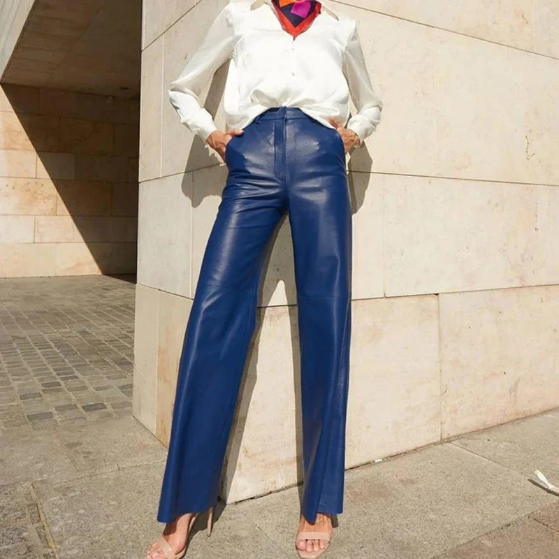 Fashion Solid PU Leather Straight Pants Autumn Office Lady Pocket commute Trousers High Street Casual Women Slim Long Pants 250106
