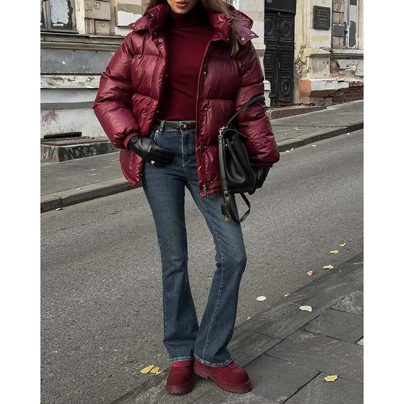Fashion Bury Wine Red Full Sleeve Woman Cotton Coat Stand Collar Zipper Breasted Parka 2024 Lady Commute Street Outerwears