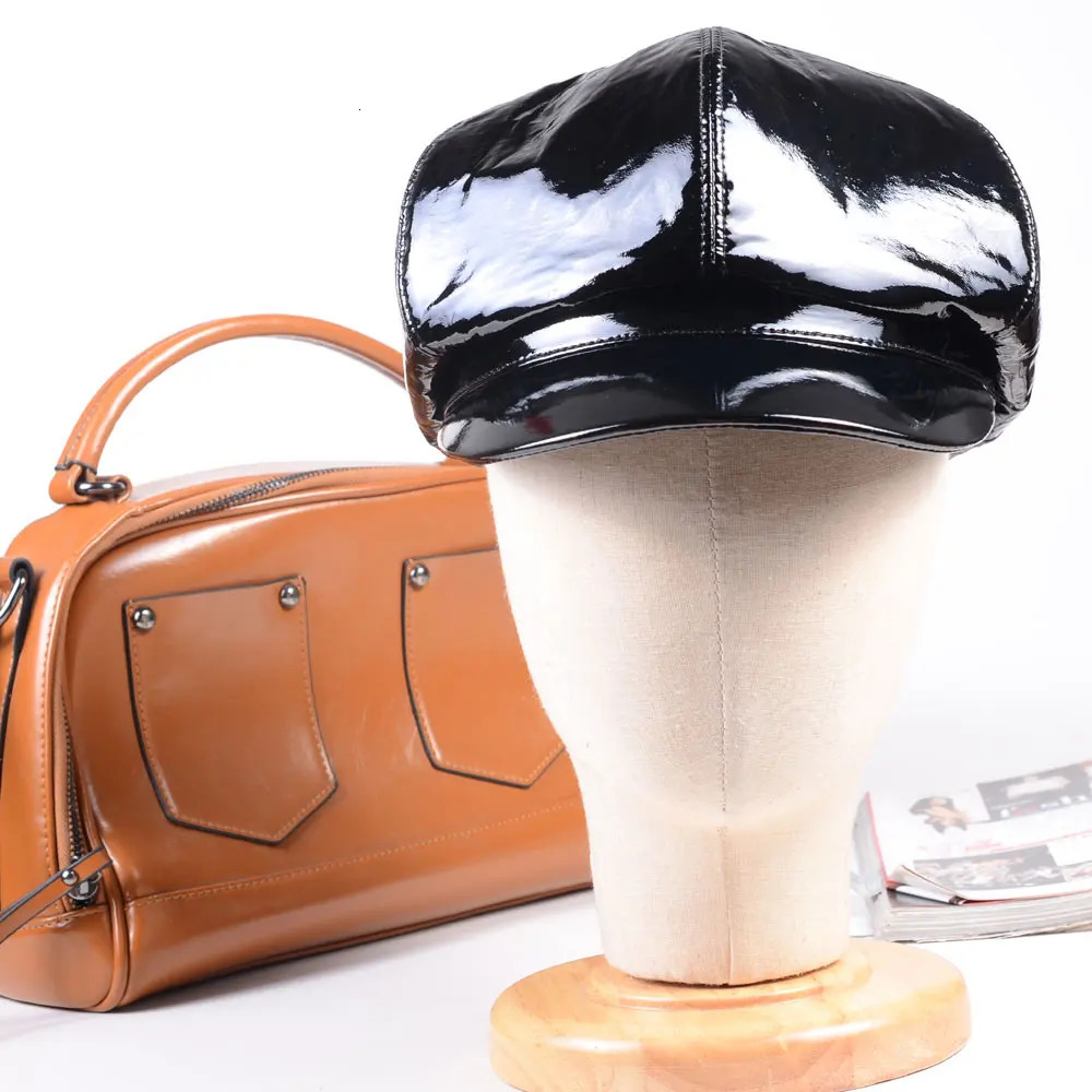 Mens Womens Ladies Real leather Shiny Black Patent Leather Fashion Beret Sailor cap Punk sboy Caps/Hats 250107