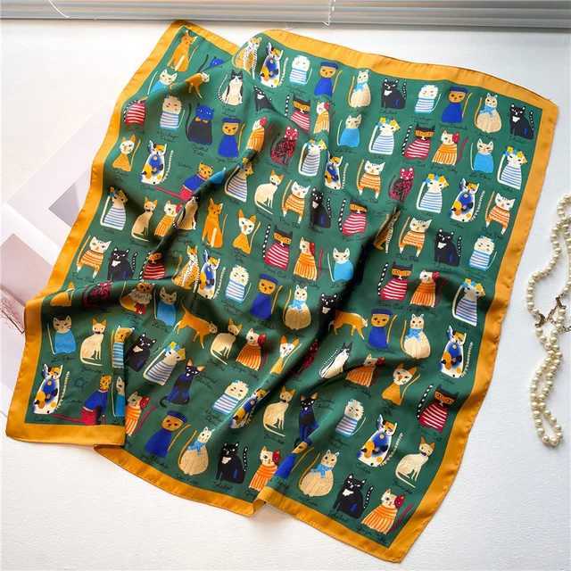 70cm * 70cm Silk Square Scarf Womens Cartoon Cat Bag Printing Fountain Headscarf Womens Collar Headscarf High Quality Silk Scarf FJ095 W250107