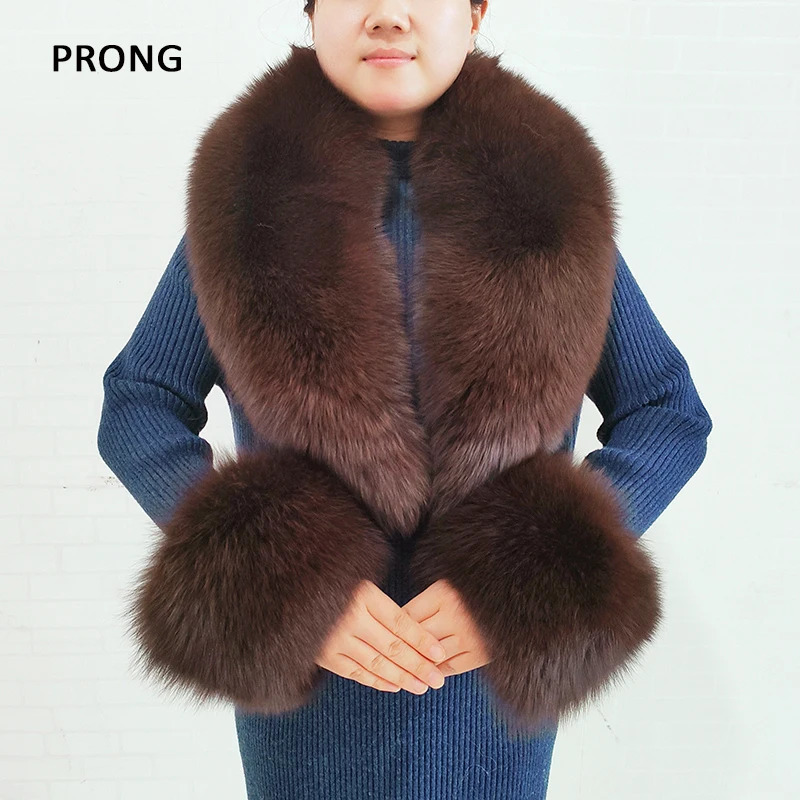 Winter Real Fox Fur Collar Cuffs Set Neck Warmer Fur Scarves Shawls Natural Fox Fur Collar Scarf Women Men Coat Warm Accessories 250106