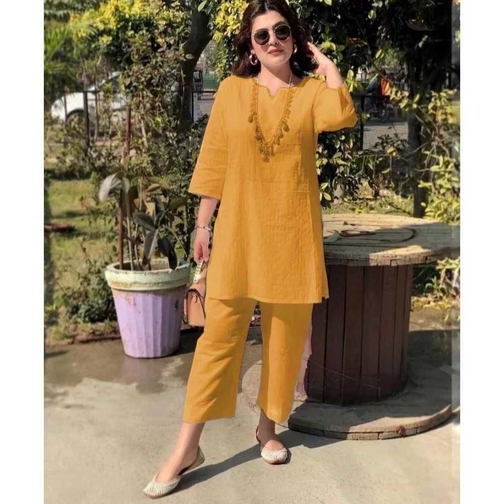 Casual Ele Womens Cotton Linen Set V-Neck Loose Side With Slit Top Wide Leg Pant Pocket Home Wear Ethnic Office Ladys SuitXJ250106