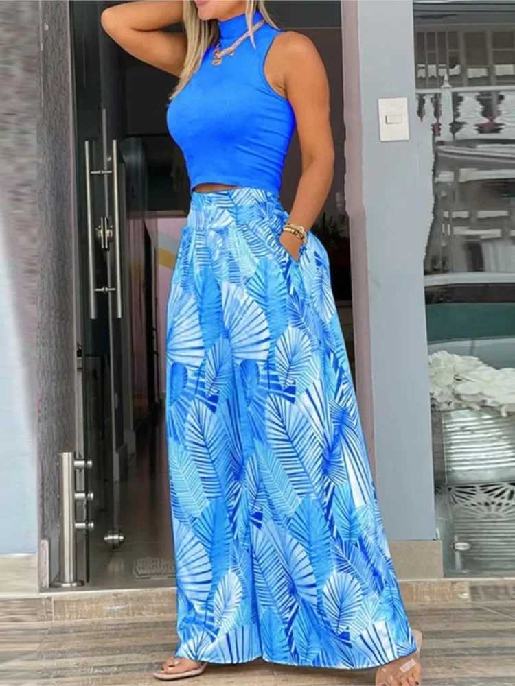 Summer Women Suit O-Neck Sveless Crop Tank Top Plants Print Wide Leg Pants Sets Fe Two Pieces Suit Set Streetwear OutfitsXJ250106
