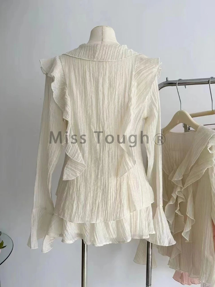 Fashion Sweet Slim V-neck 2-piece set for women elegant long sleeved pleated top for women with elastic waist and A-line dress 250106