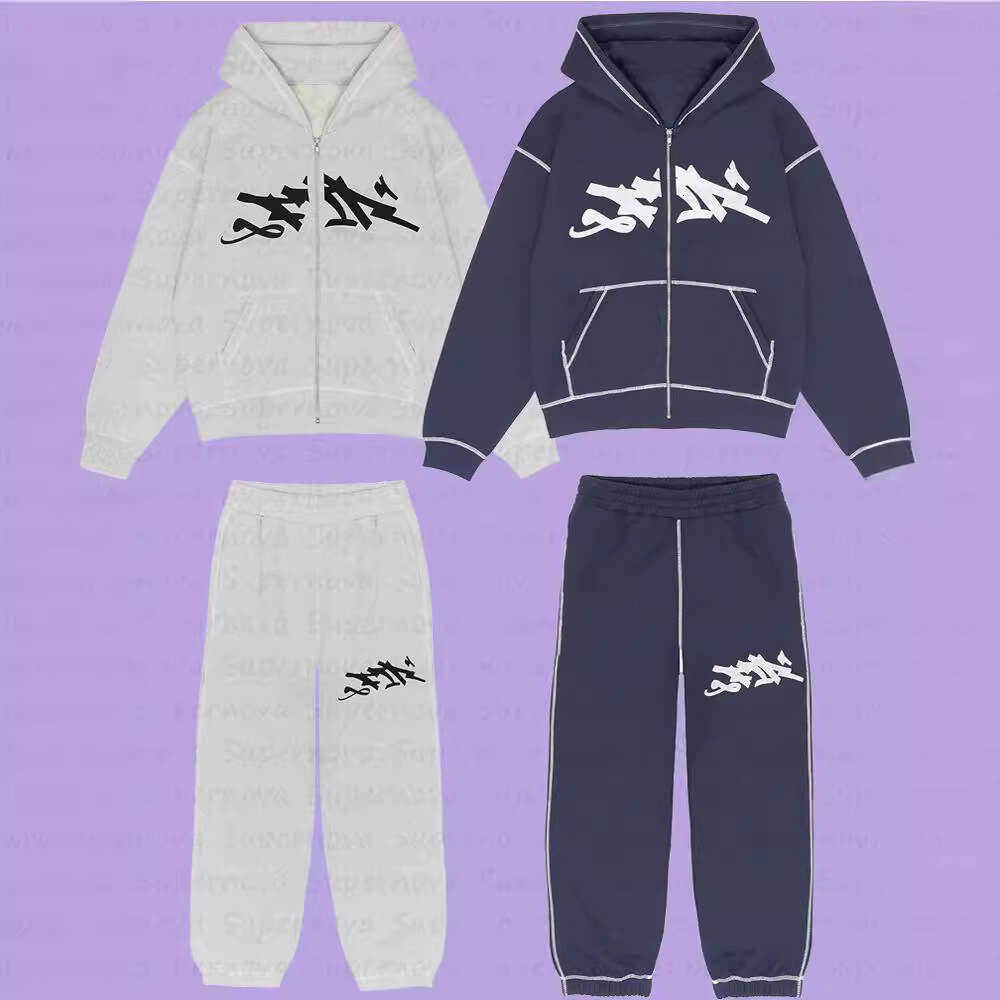 Hip hop new Gothic print hooded zipper hoodie casual men's loose suit