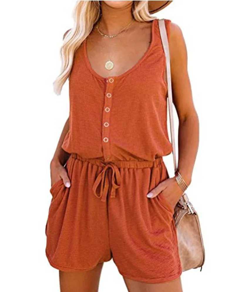 European and American womens summer cross-border new sveless jumpsuit waist casual loose wide leg shortsXJ250106