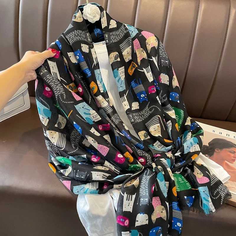 Cute animals cartoon cute cat pattern edge adhesive scarf for women and girls printing soft shawl and wrapping Pashmina Muslim headscarf Sjaal W250107