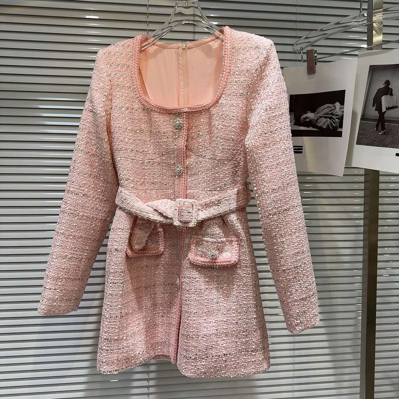 Retro Square Neck Pearl Buckle Temperament Lady Belt Trench Coat 2024 Autumn New Elegant Tweed Dress For Women